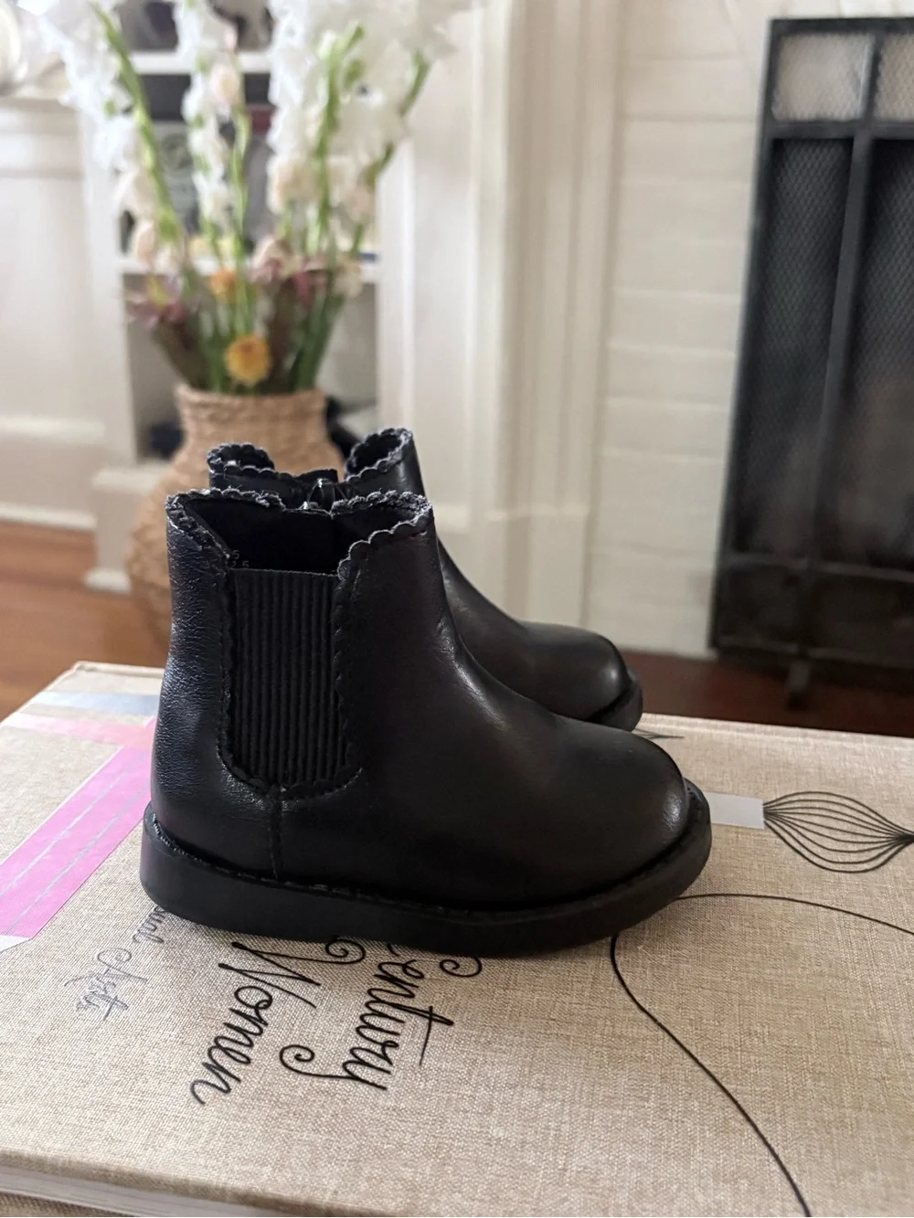 Old Navy Kids Black Ankle Boots with Scalloped Trim